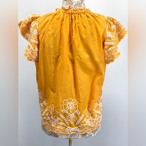JENNIFER & GRACE Marigold Yellow and White embroidered flutter sleeve top size S - Picture 10 of 13